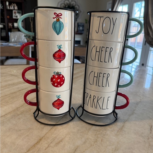 Rae Dunn MERRY, CHEER, SPARKLE, JOY Christmas Stacker Mugs (double sided), two